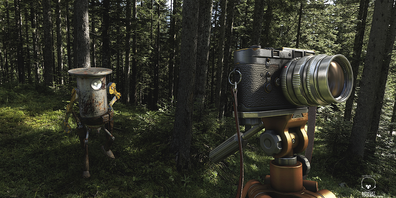 Indigenous Robot Discovers a Leica in the Great Wood. Camera Asset Scene